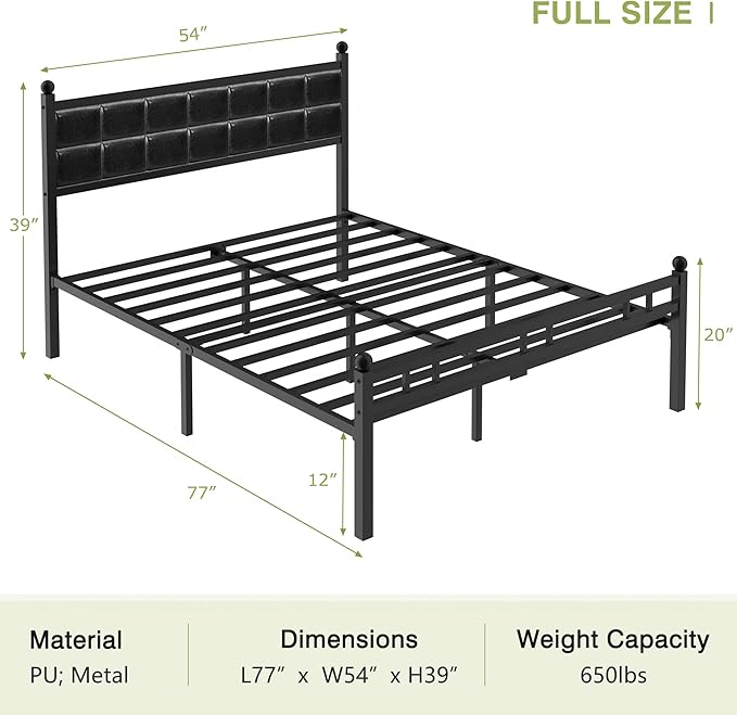 VECELO Full Metal Bed Frame, Faux PU Leather Platform Beds with Upholstered Headboard and Footboard, Strong Slats Support, 12" Underbed Storage, Noise-Free, No Boxing Spring Needed, PU Black