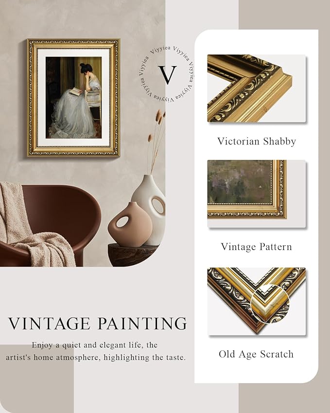 VIYYIEA Gold Framed Wall Art Canvas Print Home Decor for Living Room Women Reading Pictures for Bedroom Bathroom Wall Decor Women Portrait Art Wall Painting Vintage Art Prints Room Wall Decor 11x14in