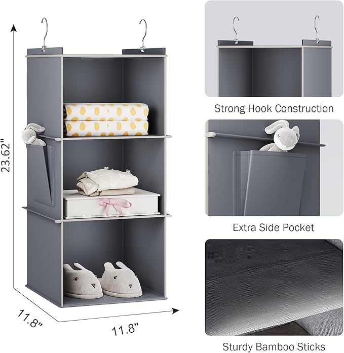 Hanging Closet Organizer, 3-Shelf Closet Hanging Storage Shelves, Grey