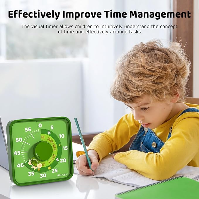 Secura 7.5-Inch Animal Pattern Visual Timer for Kids, 60-Minute Countdown Timer for Classroom or Kitchen, Durable Mechanical Timer Clock with Magnetic Backing (Green)