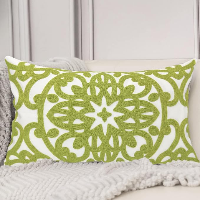 Alysheer Embroidered Lumbar Decorative Throw Pillow Cover 12 x 20 inches, Classic Mandala Chic Pattern Avocado Green Farmhouse Cushion Case for Sofa Couch Bed Living Room(Chartreuse Green)