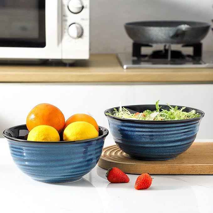 MEKY 65oz Ceramic Mixing Bowls Set of 2, Deep Large Ribbed Serving Bowls for Salad, Pasta, Ramen, Soup, Durable Kitchen Bowl Set, Microwave Oven Dishwasher Safe Porcelain，Blue