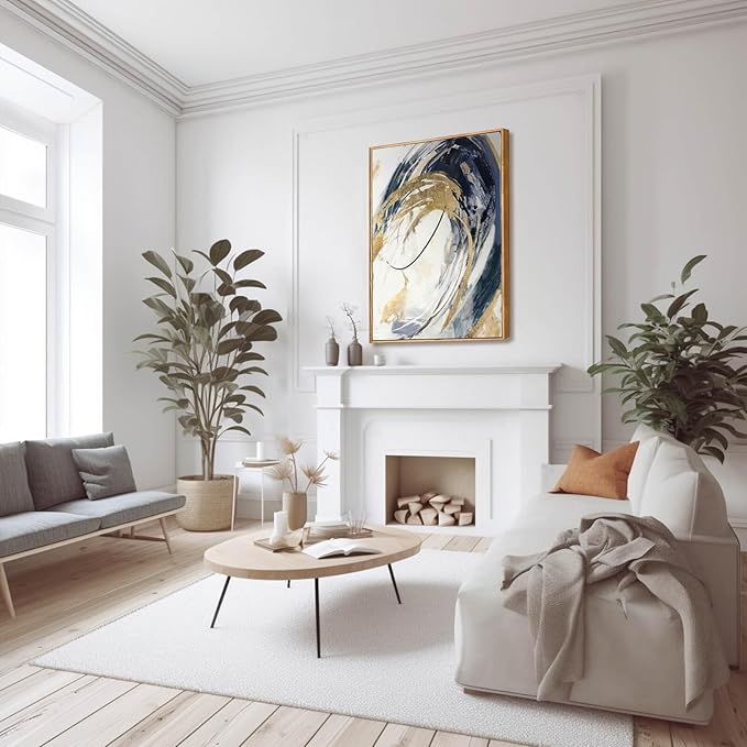 SDYA Gold Wall Decor Living Room Abstract Wall Art Blue Paintings Bedroom Aesthetic Frame Wall Decorations Large Artwork for Home Office 24x36 Inch