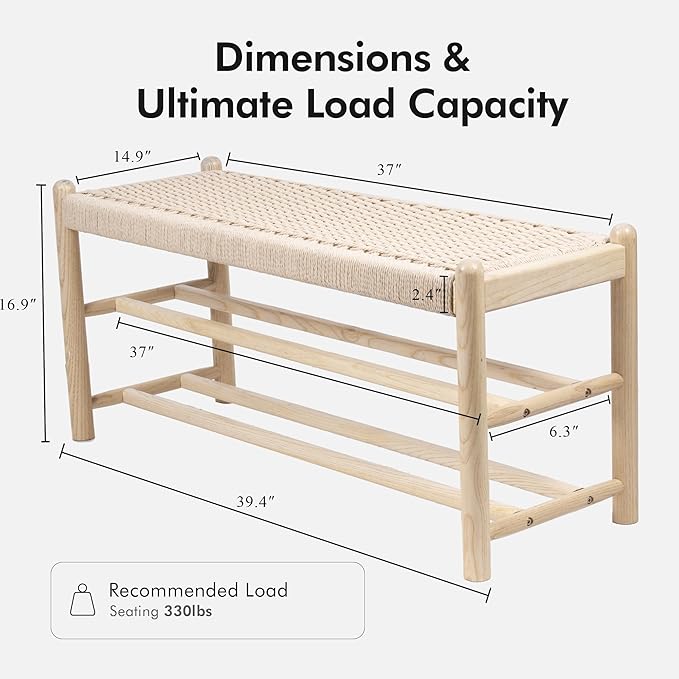 Solid Wood Entryway Bench with Shoe Storage, Rustic Oak Wood and Woven Design 39.4 Inch Long Seating for Living and Dining Rooms, 3-Tier Nature