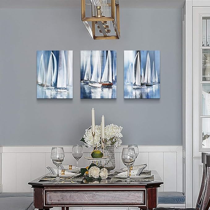 3 Piece Framed canvas wall art for living room bathroom bedroom Wall Art Decor Ocean landscape sailboat abstract Canvas painting Ready to Hang Office Home Decoration sea poster Pictures Wall Artworks