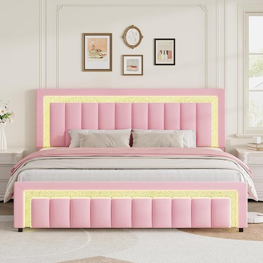 HOMBCK King Size Bed Frame with LED Lights and Velvet Upholstered Headboard, Bed Frame King with Modern Diamond Headboard Adjustable, Wooden Slats Support, Noise Free, No Box Spring Needed, Pink