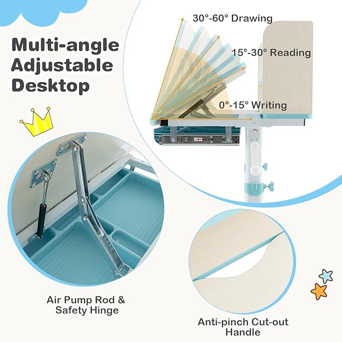 Costzon Kids Desk, Height Adjustable Children Study Desk with Tilt Desktop, Storage Drawer, Hutch, Scale Ruler, Student Writing Table School Desk for Boys Girls Bedroom, Desk for Kids (Blue)