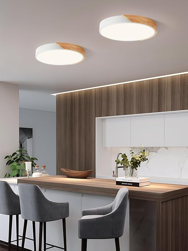 Modern Dimmable White LED Ceiling Light, 2700 K - 6000 K 5CCT Wood Flush Mount Ceiling Lighting Fixtures, Minimalist Round Ceiling Lamp for Living Room Bedroom Kitchen Hallway（15.8in）