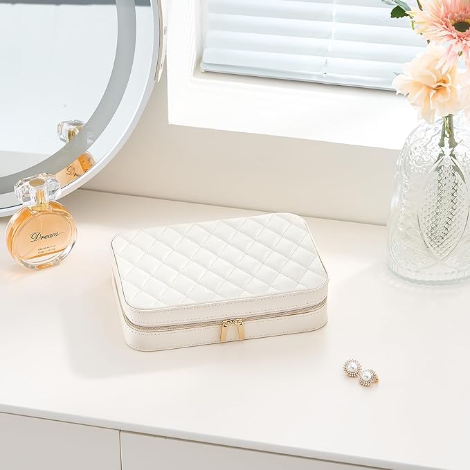 Lolalet Travel Jewelry Case for Women, Travel Jewelry Organizer Box with Mirror & Clear Storage Bag, Small Portable Traveling Earring Necklace Bracelet Ring Case, Bridesmaid Gifts -Medium, White