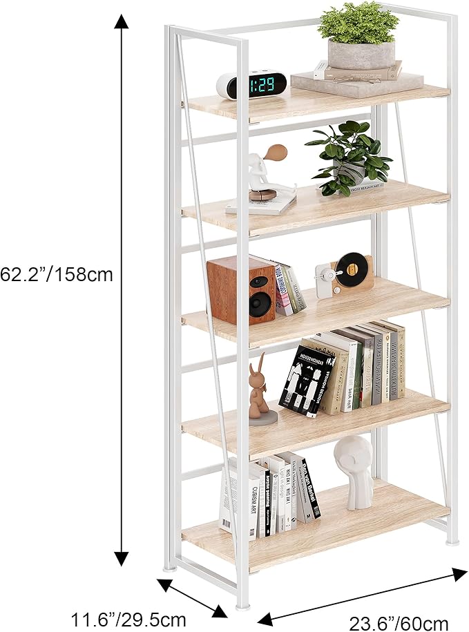 BHG Vintage Multifunctional Folding Bookshelf, No-Assembly Plant Stand Storage Rack Shelves for Home Office (White, 5-Tier)