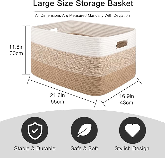 OIAHOMY Large Blanket Basket For Living Room, Rectangle Woven Baskets for Storage, Nursery Toy Storage With Handle-22”x17”x12”-Gradient Light Yellow