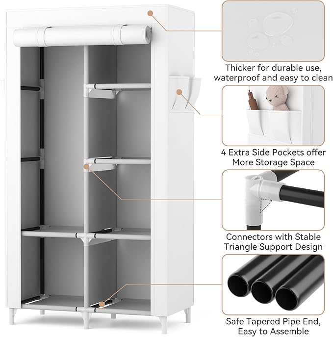 ROJASOP Portable Closet Wardrobe Closet for Hanging Clothes with 6 Storage Shelves, 1 Hanging Rod and 4 Pockets, Clothes Organizer and Storage Wardrobe Free Standing Closet for Bedroom, White