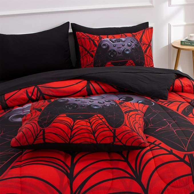 NTBED Game Console Comforter Set for Boys Girls Kids Spider Web GamingLightweight Microfiber Gamer Bedding Sets (Red, Full 5Pcs)