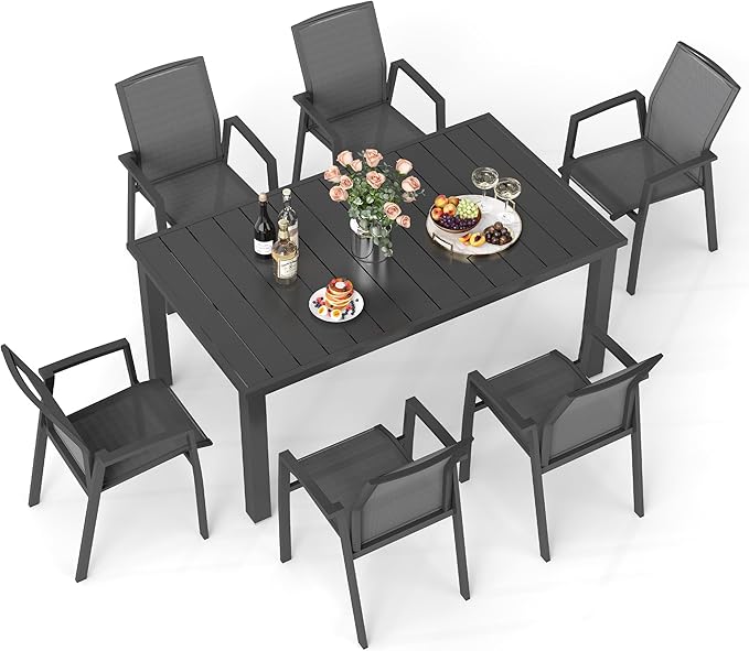 Wisteria Lane 7 Piece Aluminum Outdoor Patio Dining Sets with Fully Assembled Dining Chair，91.3" L×39.4" W Expandable Patio Table and Chairs Set for 6, Stackable Chairs with Quick Drying Fabric, Grey