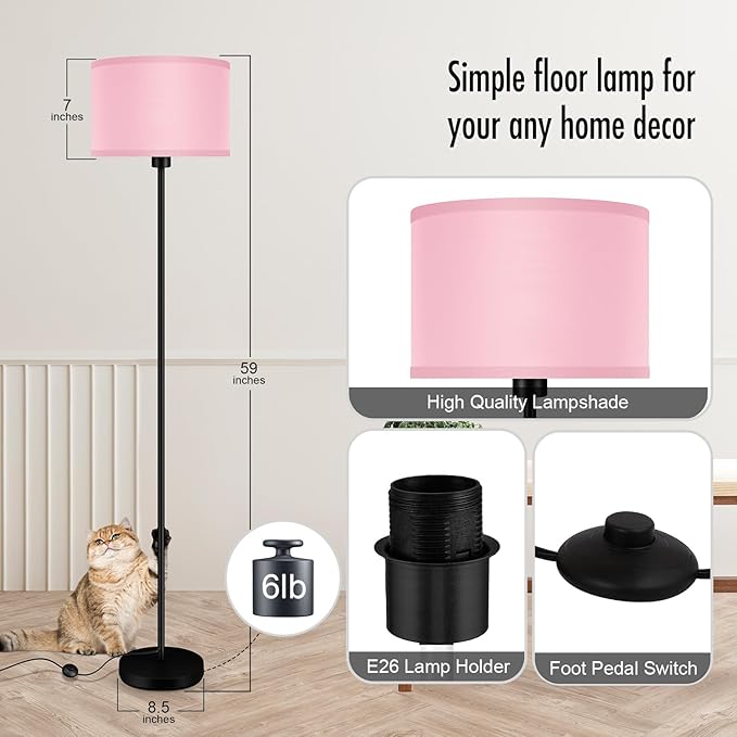 Floor Lamp Pink, Standing Lamp, 58" Tall Stand Up Light with Lampshade, Foot Pedal Switch, Modern Bright Floor Lamps for Living Room/Bedroom/Kids Room, Pink Lamp for Girls' Gift(E26 Base, NO Bulb)