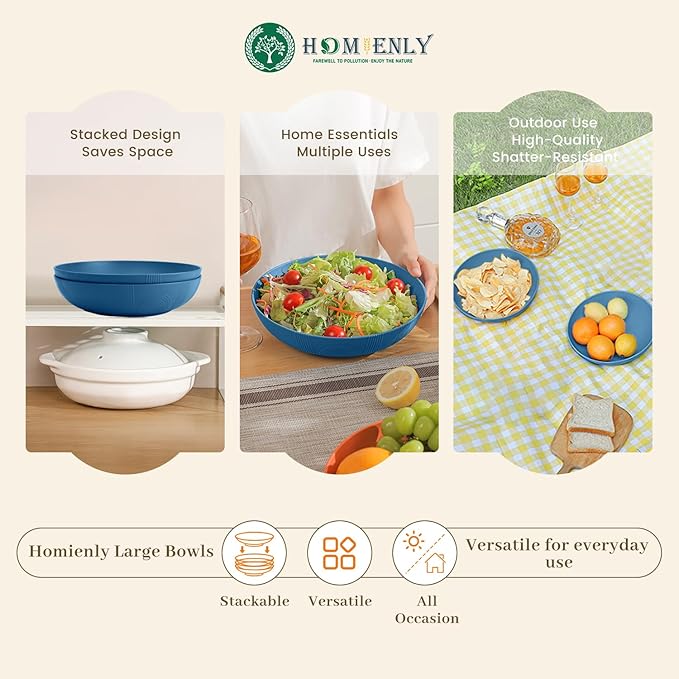 Homienly Wheat Straw Bowls, Salad Bowls, Serving Bowls for Kitchen, Camping, Picnic, Fruit, 60 OZ Large Capacity, Microwave and Dishwasher Safe, Set of 2 (Blue)