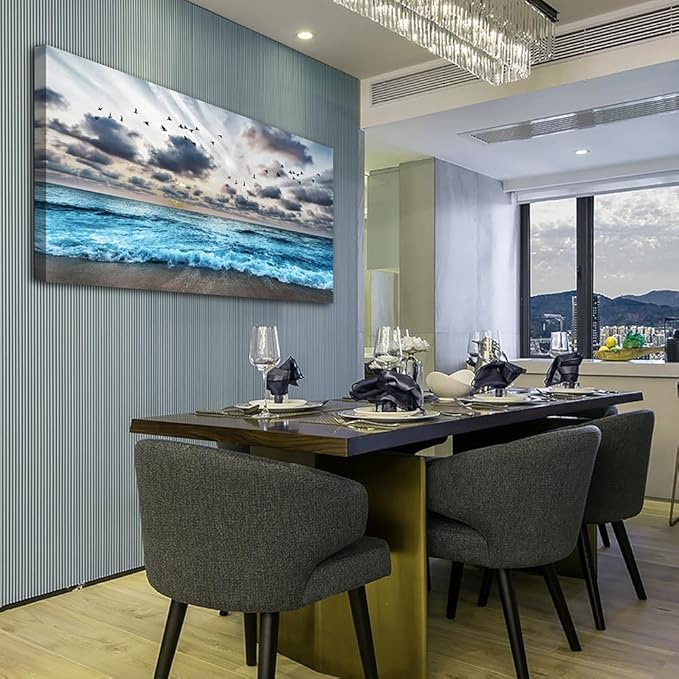 MHARTK66 Black And White Beach Wall Painting - Canvas Wall Art For Living Room, Bedroom, Office - Blue Sea Wave Pictures - Modern Hotel Room Home Decor - 20x40 In