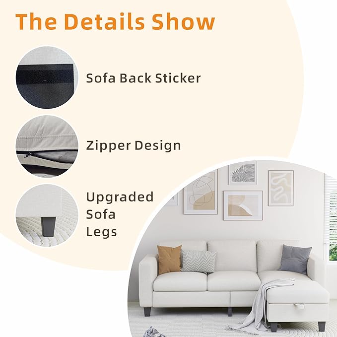 Sectional Sofa Couches for Living Room - 78'' Beige 3 Seat L-Shaped Couch with Storage Ottoman, Modern Linen Convertible Sectionals Sofas with Chaise for Apartment, Office, Small Space