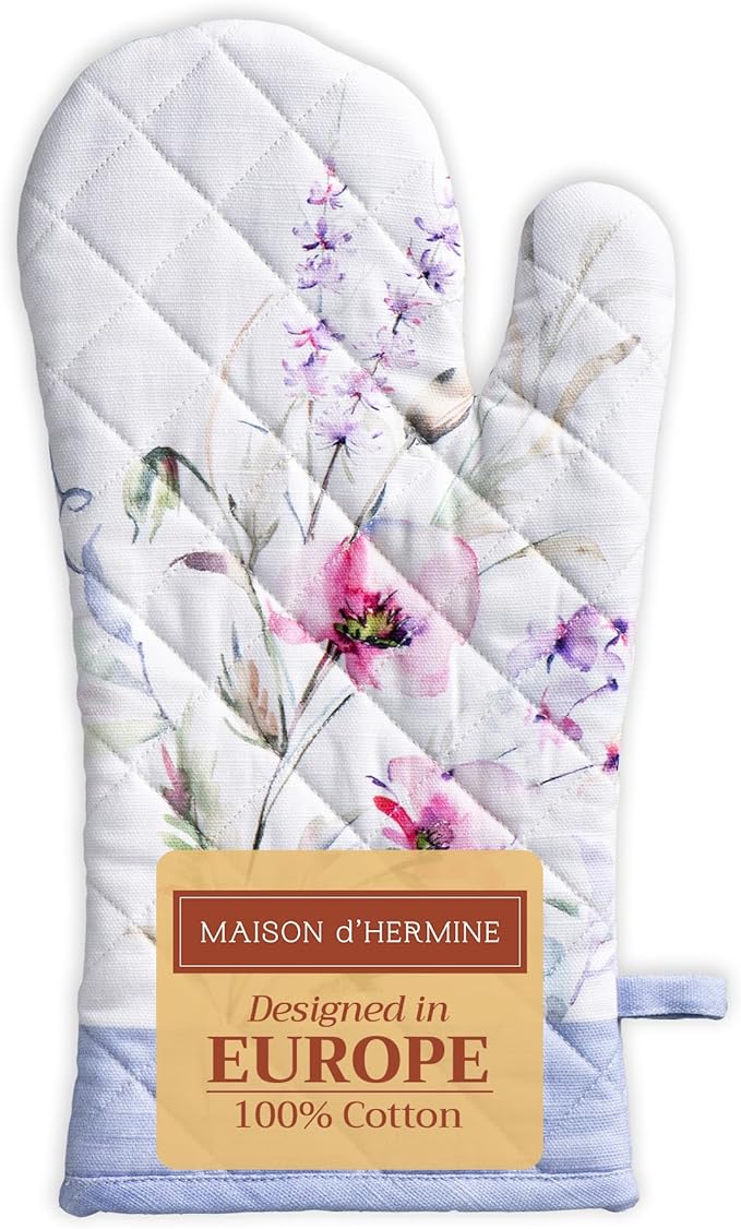 Maison d' Hermine Oven Gloves 100% Cotton Oven Mitt 7" x 13" with Loop Heat Resistant, BBQ, Cooking Gloves, Baking, Grilling, Kitchen, Handling Hot Pans Spring/Summer (Pack of 1, Summer Floral)