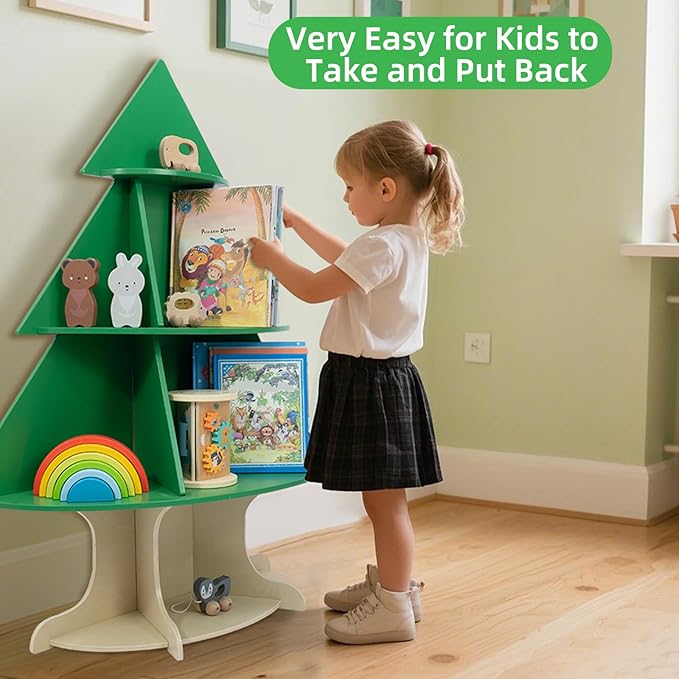 WOOD CITY Kids Bookshelf and Toy Storage Organizer, 2 in 1 Solid Wooden Children Tree Bookcase and Toy Shelf Toddler Storage Display Bookshelf for Kids Room Playroom Bedroom Study Easy Assembly