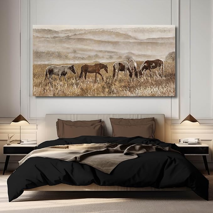 VAYIMDH Horse Canvas Wall Art Nature Wall Prints Gold Wall Pictures 29"x58" Large Artwork for Living Room Kitchen Artwork for Wall