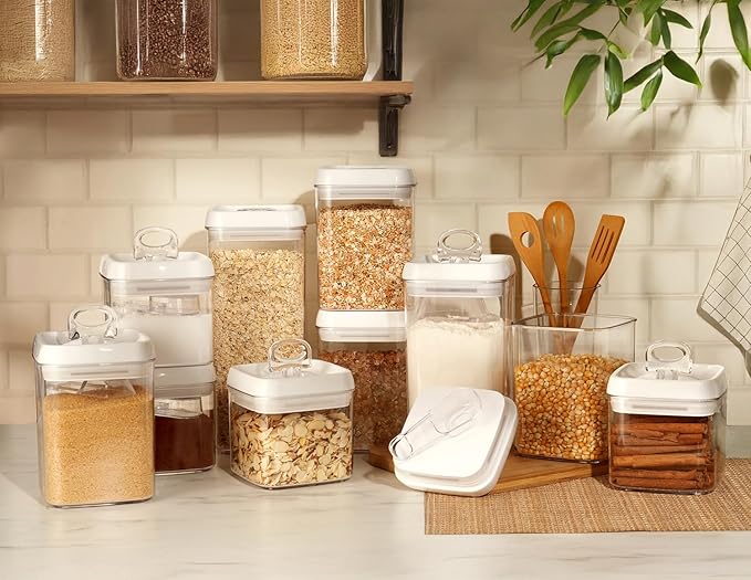 Felli Flip Tite Food Storage Container with Scoop & Lid 5" LARGE Airtight Ring Top, Acrylic Canister Jar for Sugar Flour Baking Powder Protein Rice Pasta Kitchen Organizer Gift Set (10pk, Variety)