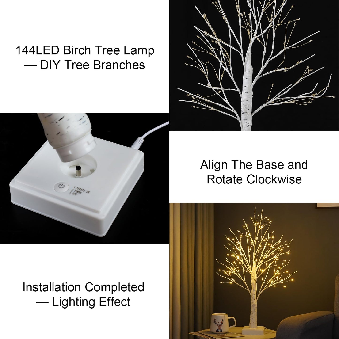144 LED Artificial Lamp with Timer, DIY Birch Tree With Lights, USB/Battery Powered, Fairy Light Spirit Tree for Table Home Wedding Bedroom Christmas (Warm White)