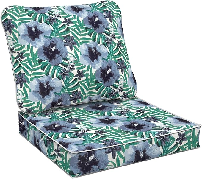 Outdoor Deep Seat Cushions Set 24 x 24 Inch for Patio Furniture,Water Resistant Chair Cushions Replacement Includes Seat Cushion & Back Pillow for Sofa, Wicker Chair - Blue Salmone Tropical