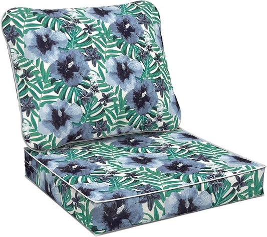 Outdoor Deep Seat Cushions Set 24 x 24 Inch for Patio Furniture,Water Resistant Chair Cushions Replacement Includes Seat Cushion & Back Pillow for Sofa, Wicker Chair - Blue Salmone Tropical