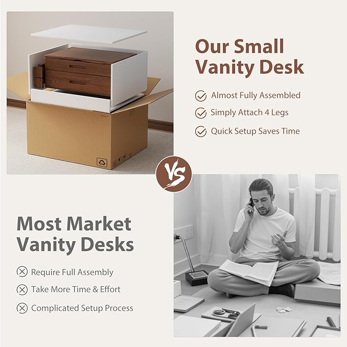 Solid Wood Small Vanity Desk with Mirror and Lights, Narrow Makeup Vanity for Small Space, Flip Top Vanity Side Table, 3 Color Modes & Adjustable Brightness, 23.6" Slim Dressing Table, Walnut