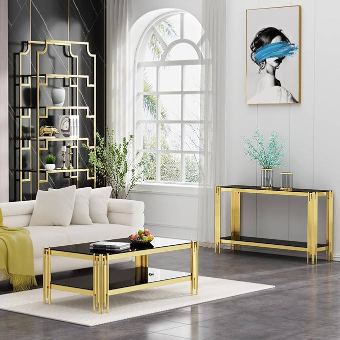 Glass Gold Coffee Table Set of 2,Modern Rectangle Coffee Table and Console Table w/Storage,Glass Coffee Table Set with Steel Frame,2 Pieces Living Room Table Set for Apartment Home Office