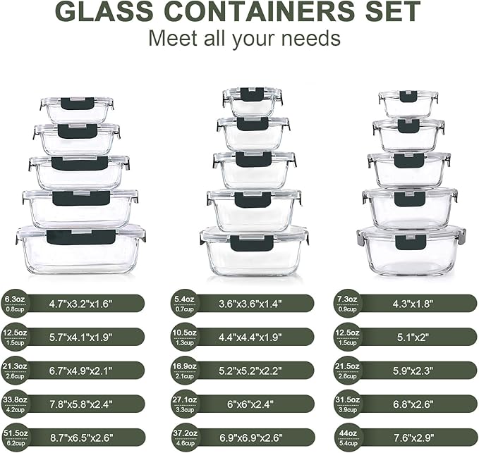 30 Pieces Glass Food Storage Containers Set, Glass Meal Prep Containers Set with Snap Locking Lids, Airtight lunch Containers for Microwave, Oven, Freezer & Dishwasher,Gray