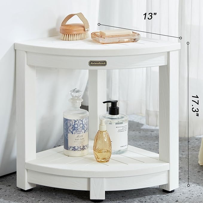 Corner Shower Stool for Inside Shower Waterproof, Poly Lumber Bathroom Shower Corner Bench Seat, Plastic Shower Chair Seat, Shower Shaving Foot Rest with Adjustable Feet, Non-Slip, White