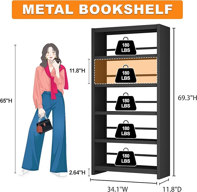 69.3" Tall Bookcase, Metal Bookshelf, Black 5-Tier Bookshelves and Bookcases, Heavy Duty Industrial Storage Shelves for Living Room, Office, Study, Home Library & Kitchen