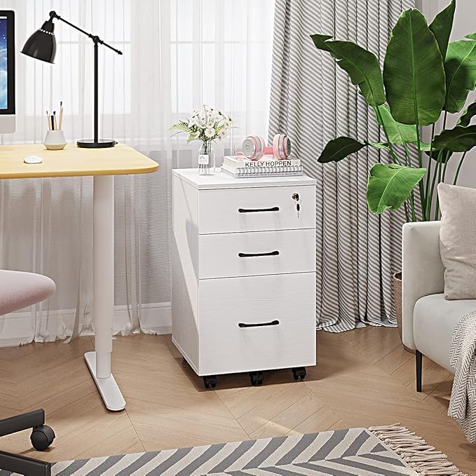 Panana 3 Drawer Wood Mobile File Cabinet, Under Desk Storage Drawers Small File Cabinet for Home Office (White)