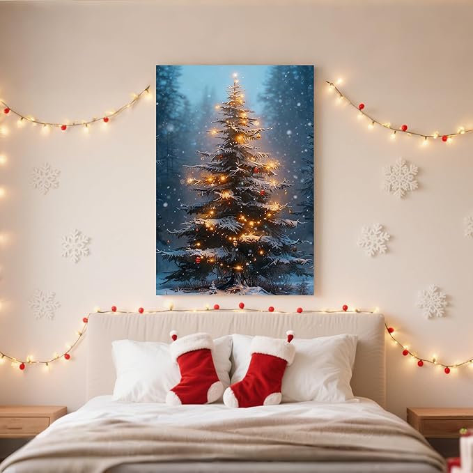 Framed Christmas Pictures Wall Decor,Vintage Pine Tree Prints,Winter Christmas Canvas Wall Art Decoration for Bedroom Bathroom Living Room Rustic Xmas Holiday Gifts (Christmas Tree 3, 24'' X 36'')