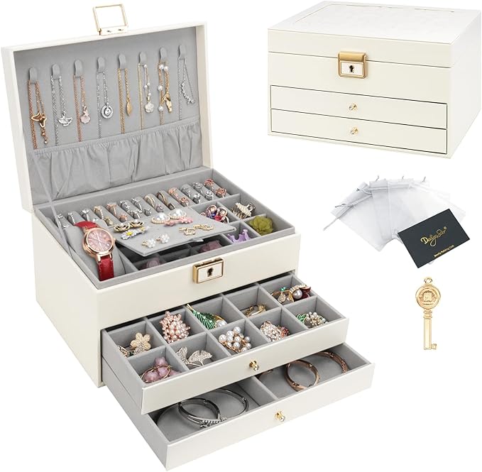 DesignSter Jewelry Box,Jewelry Organizer with 2 Drawers, 3 Layers Leather Jewelry Storage Box with Lock, Jewelry Storage Case for Necklaces Earrings Bracelets and Rings（Beige）
