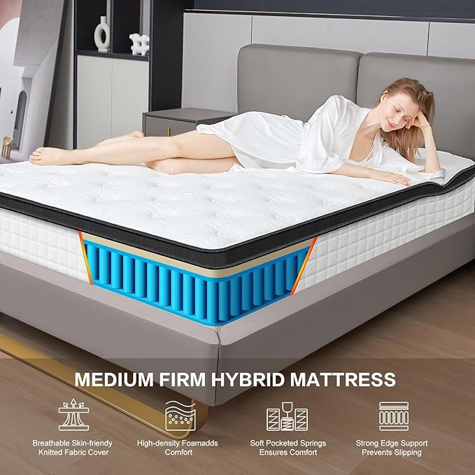 12 Inch White Twin Spring Mattress,Medium Firm with Gel Memory Foam,Individually Pocketed Coil,Fiberglass-Free Fire Retardant CertiPUR-US Certified,75"*39"*12"