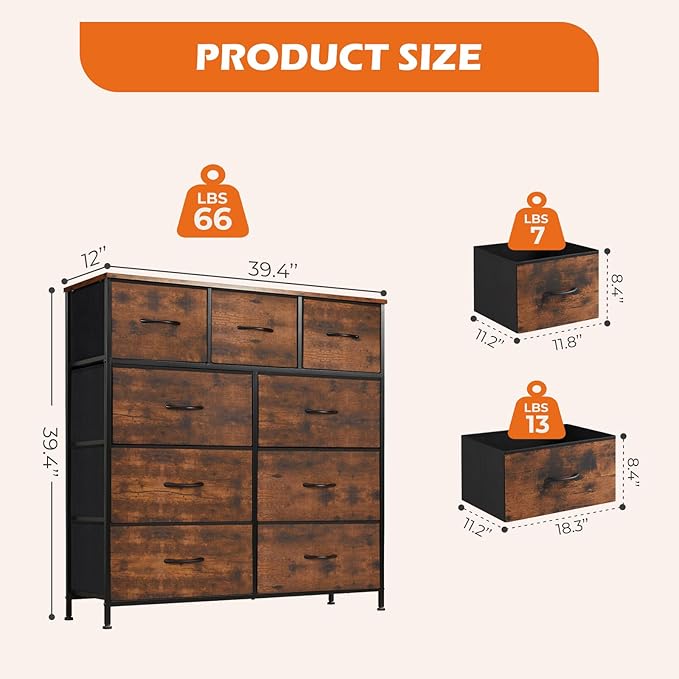 Sweetcrispy Dresser with 9 Drawers for Bedroom, Fabric Dresser Storage Tower, Chest of Drawers Organizer Unit, Storage Cabinet for Hallway, Closets, Steel Frame, Wood Top