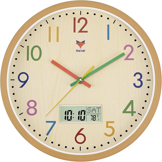 Foxtop Digital and Analog Kids Wall Clock 12 Inch Silent Non-Ticking Battery Operated Kids Clock for Kids Room Playroom Nursery Classroom School