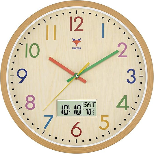 Foxtop Digital and Analog Kids Wall Clock 12 Inch Silent Non-Ticking Battery Operated Kids Clock for Kids Room Playroom Nursery Classroom School