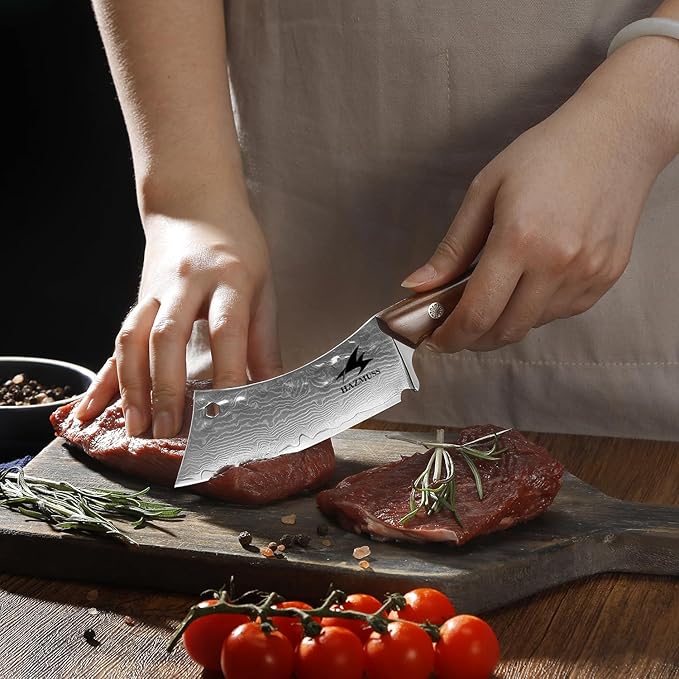 Kitchen Utility Knife, 4.3 Inch - Damascus Steel Carving Knife with Leather Scabbard, Ergonomic Full Tang Handle for Home Kitchen Cooking Outdoor Camping BBQ