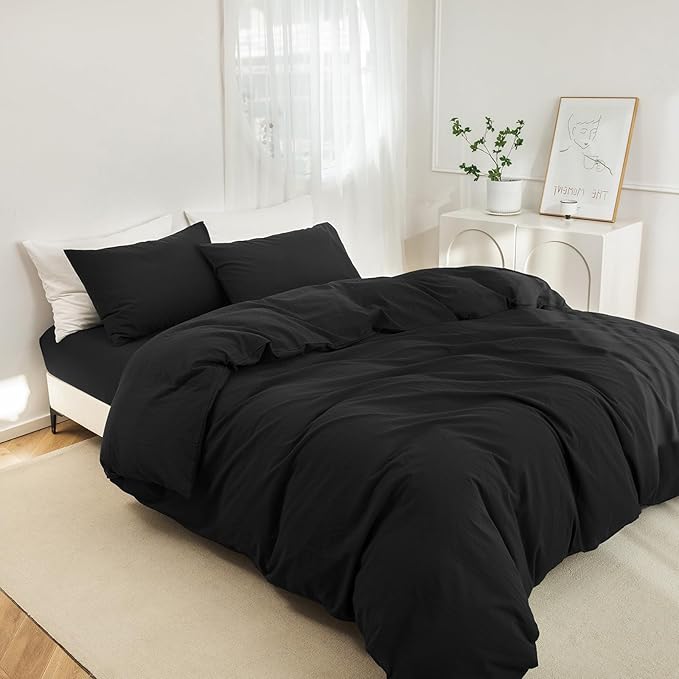 JIYUAN 100% Washed Cotton Duvet Cover Set 2 Pieces Twin, 1 Duvet Cover 68x90 Inches(Comforter Not Included) and 1 Pillowcases,Linen Feel Bedding Set Comfy and Breathable,Black
