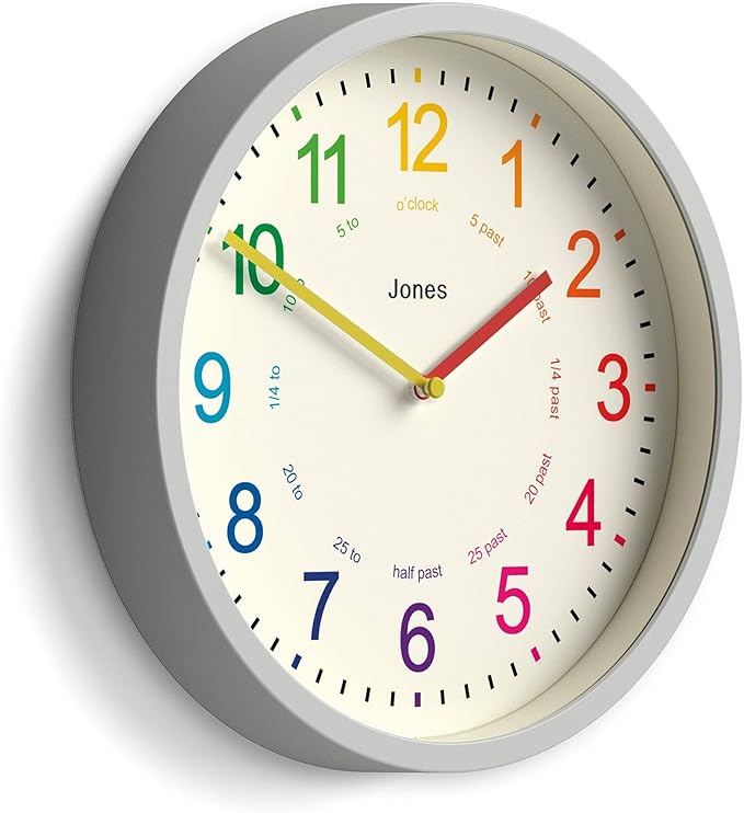 JONES CLOCKS® Kids Wall Clock | Small Modern Children’s Nursery Clock | 25cm | Gray | Colourful dial for Learning to Tell The time