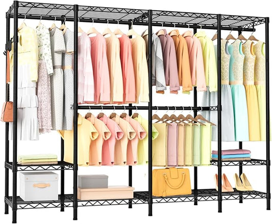 Heavy Duty Garment Rack Clothes Rack,Large Metal Closet Organizer System Storage Wardrobe,Freestanding Clothing Rack with Adjustable Wire Shelves& Hang Rods,MaxLoad 1000lbs