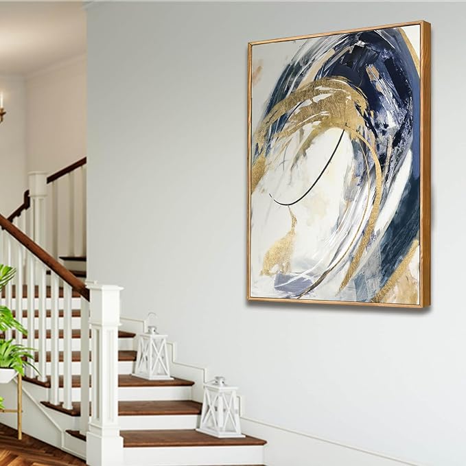 Large Wall Art Framed Artwork Gold Wall Decor Living Room Decorations Blue Wall Decor Abstract Painting Gold Line Artwork Line Office Decor Ready to Hang 32X48 Inch