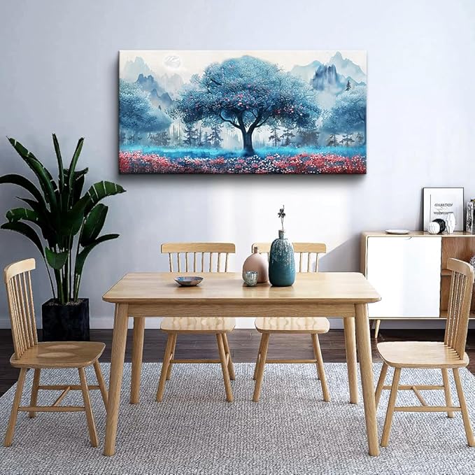MHARTK66 Large Wall Art For Living Room Canvas Wall Decor For Bedroom Office Decorations Blue Tree Landscape Wall Paintings Farmhouse Pictures Artwork Home Decor Ready To Hang Posters 48"X24"