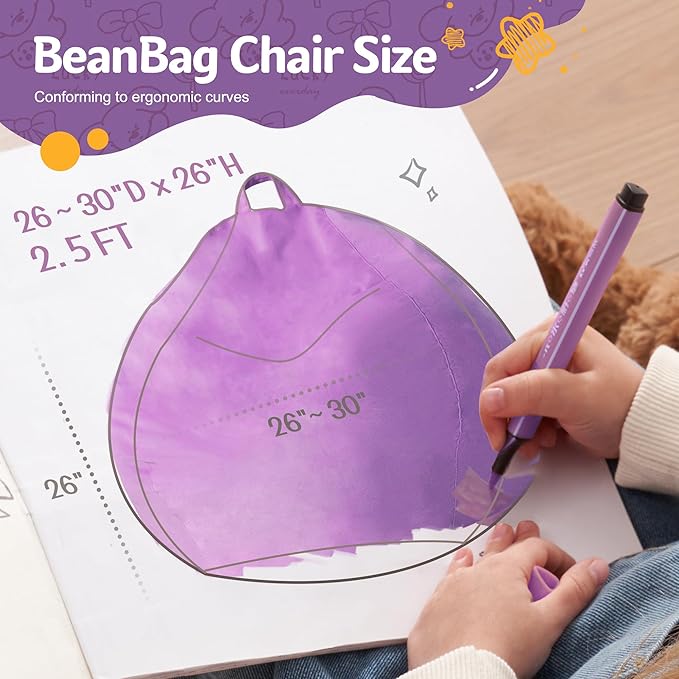 Homguava 2FT Bean Bag Chair: 2' Bean Bags with Memory Foam Filled,Comfy Beanbag Chairs Round Bean Bag Sofa with Dutch Velvet Cover-Purple