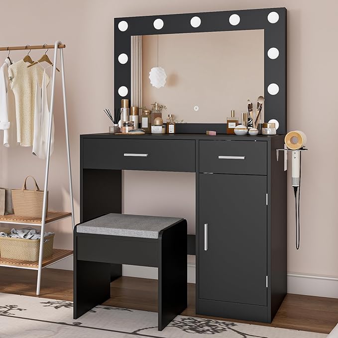 Makeup Vanity with Stool, Large Drawer and Power Socket with 11 Light Bulbs and 3 Adjustable Lighting Modes, Vanity Table for Bedroom (Black)