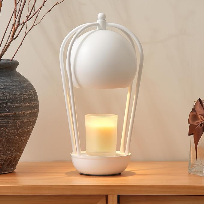 SpaceTime Candle Warmer Lamp With Timer - Farmhouse Electric Wax Warmer for Jar Candles, Dimmable Light, Home Decor, Gifts for Mom (White)